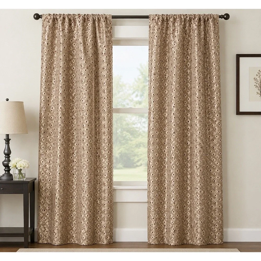 JCPenney Home Vintage 4 Gold Metallic Burgundy Geometric Jacquard Curtains 84x54